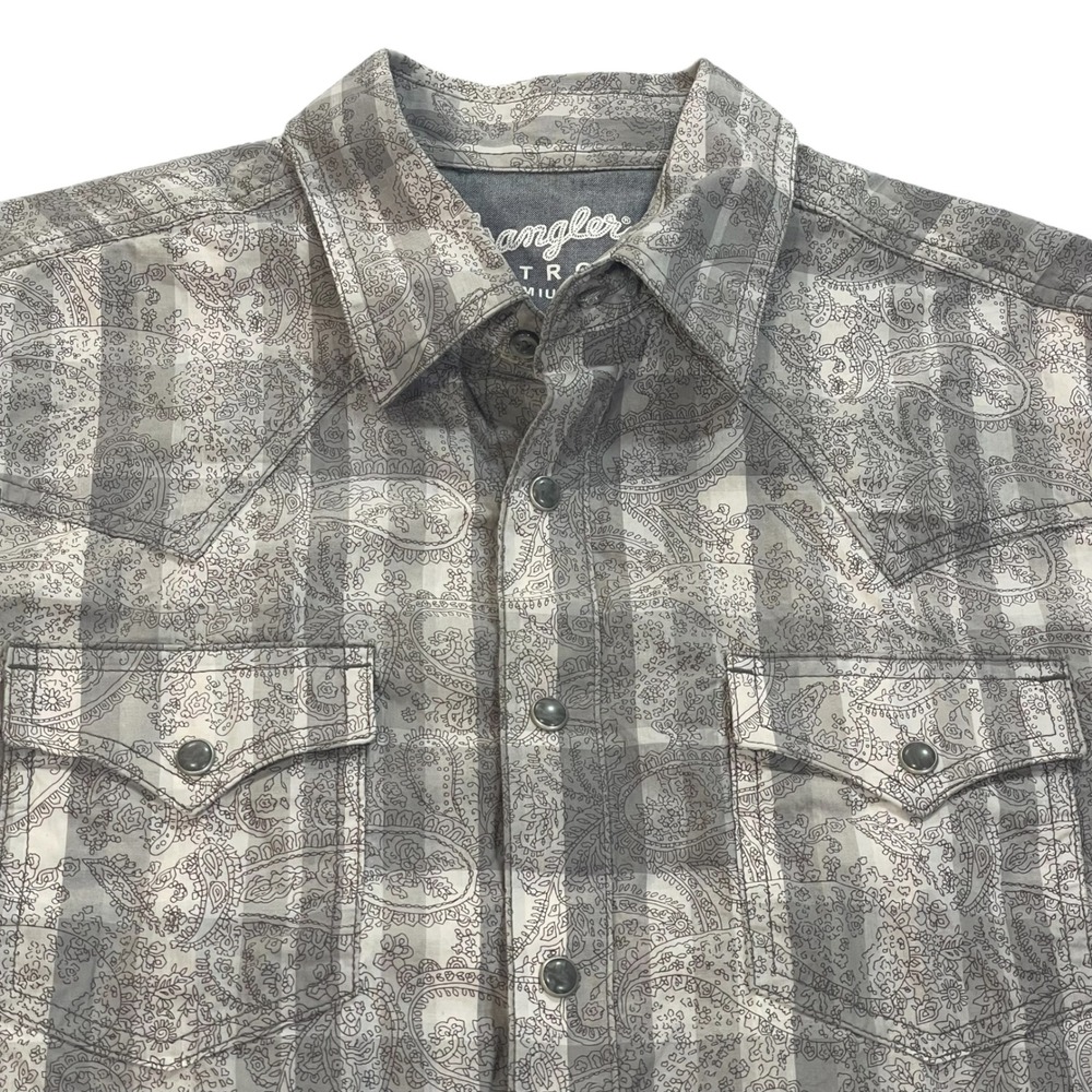 Wrangler Retro Premium Mens Grey Paisley Plaid Western Snap Shirt Medium MVR545H